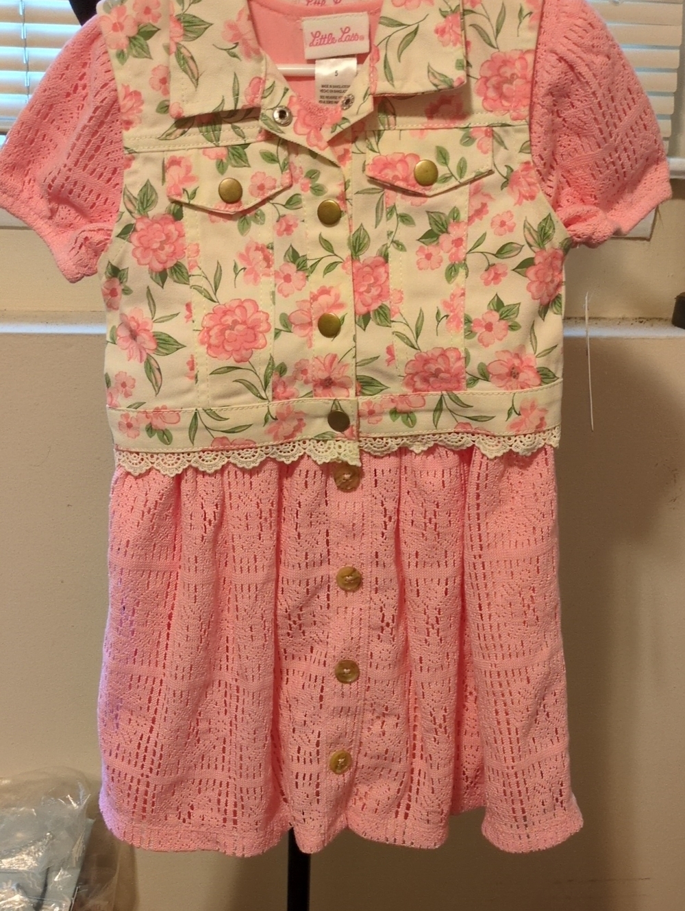Little Lass Pink Floral Soft Knit Dress/White Floral Lace Trim Vest 5